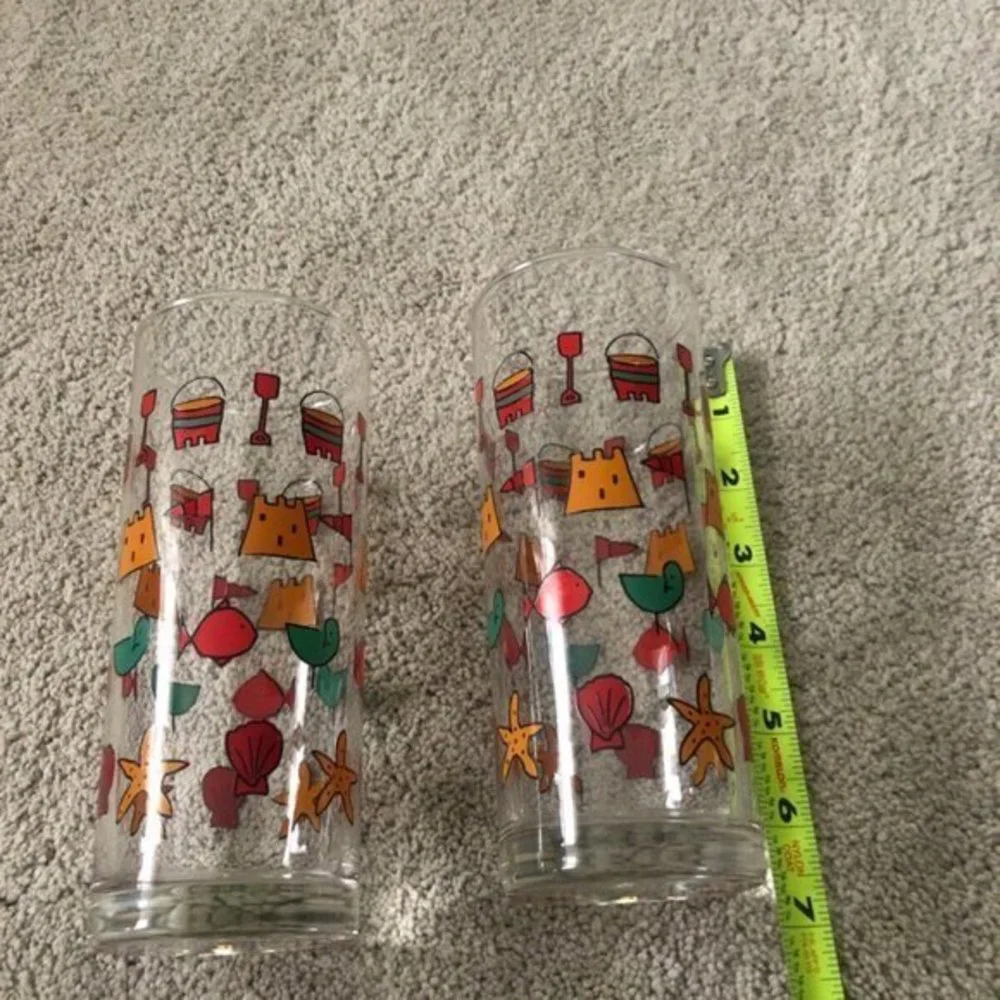 Vintage Sandcastle Bucket Bird Fish‎ HIGHBALL GLASSES (2) OCEAN BARWARE